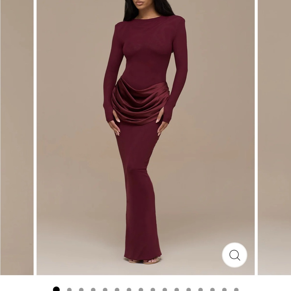 Elegant Burgundy Draped Long-Sleeve Evening Dress